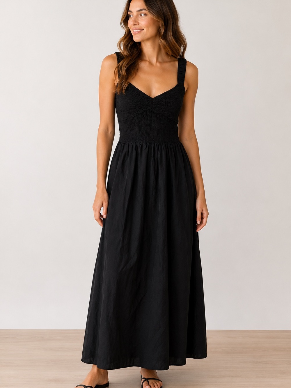 Crescent Black Smocked Sweetheart Maxi Dress Size Small